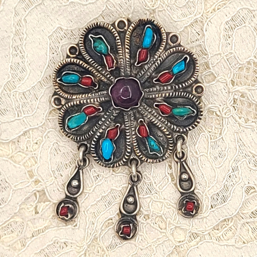 VTG Taxco Sterling Silver Turquoise Coral Amethyst Brooch Necklace FREE SHIPPING